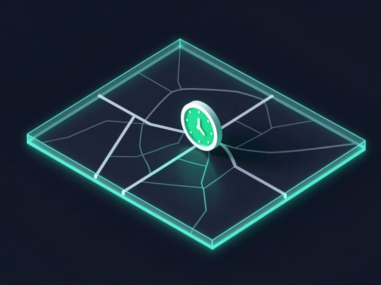 Abstract schematic diagram showing a digital map overlay with geo-fencing boundaries and a clock icon, glowing electric cyan lines on a dark navy background, clean geometric glassmorphism.