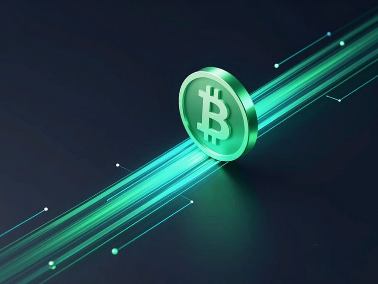 Sleek 3D render of a digital rupee token flowing through secure API connections, dark background, emerald and cyan light trails, isometric perspective.