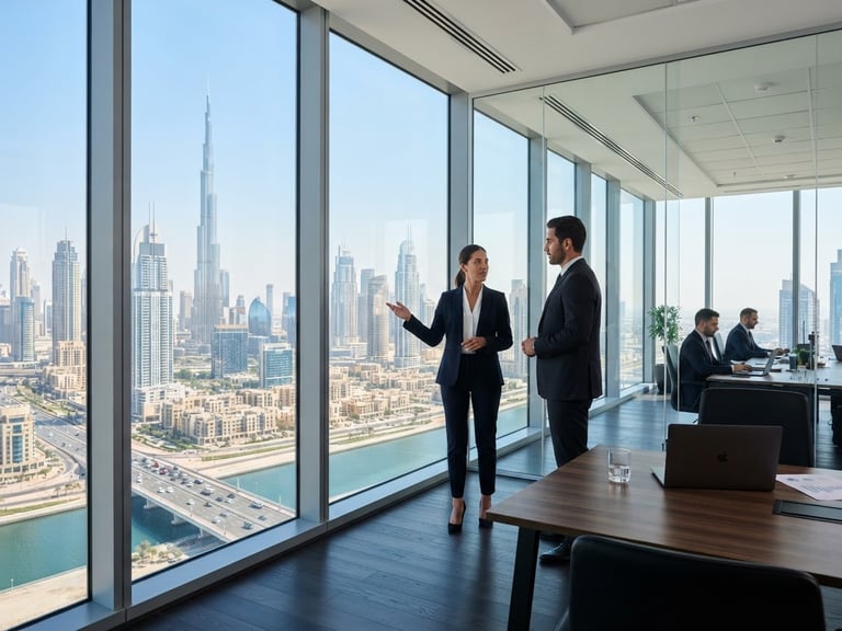 A professional corporate office setting in Dubai with floor-to-ceiling windows overlooking the skyline, bright natural daylight, clean high-contrast tones, editorial depth of field.