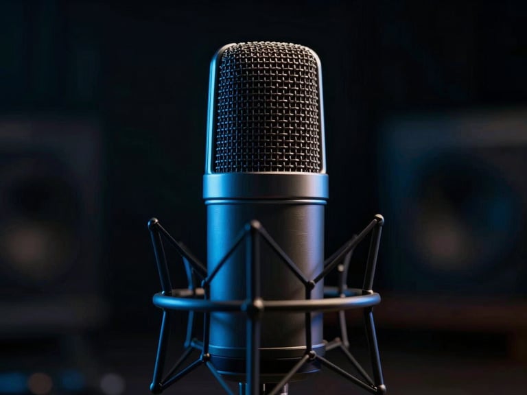 A close-up of a professional broadcast microphone inside a dark studio, sharp electric blue rim lighting, moody athletic atmosphere, cinematic 35mm