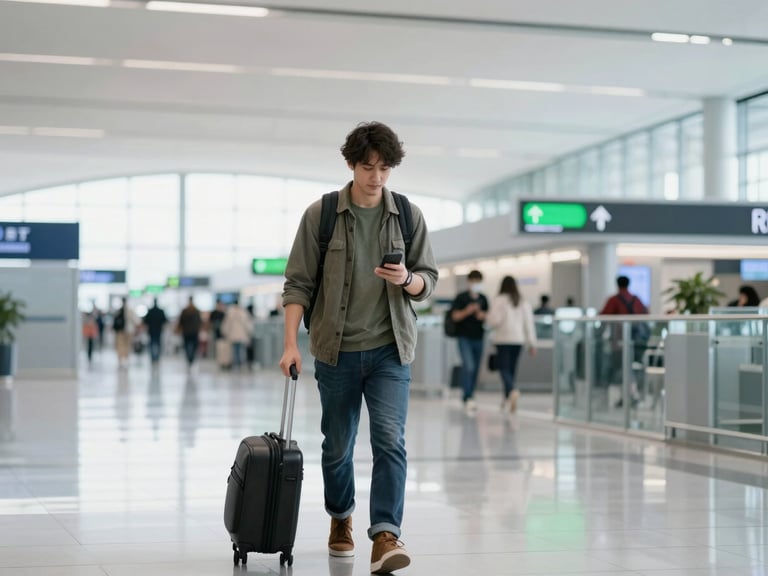A relaxed traveler walking through a bright modern airport terminal, holding a phone with a green connection status bar