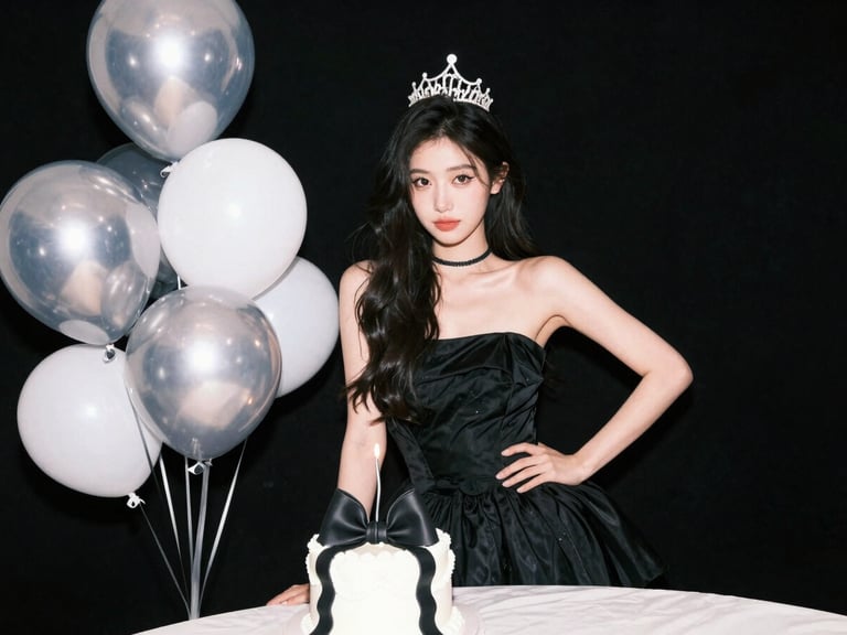 Aesthetic birthday girl in a chic black dress posing with a designer cake and shimmering silver balloons, high-contrast flash, rich black and white accents