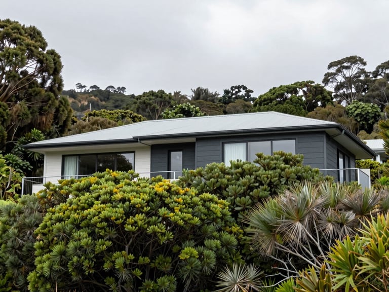 Modern Waiheke home surrounded by nz native plants and trees