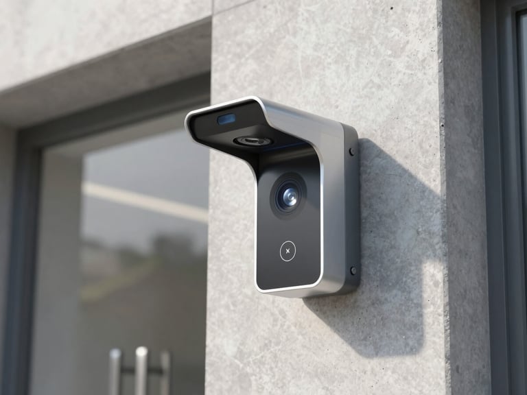 Close-up of a sophisticated facial recognition scanner mounted on a clean concrete wall at an office entrance, soft daylight
