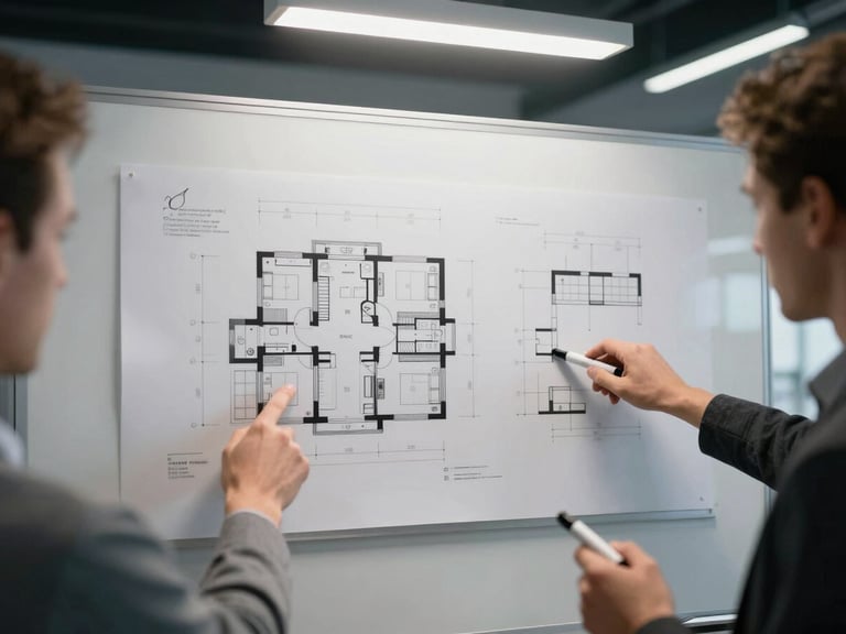 Wide view of a planning session, hands pointing at technical architecture diagrams spread across a whiteboard, cool overhead studio light, whiteboard markers visible, no people faces in frame