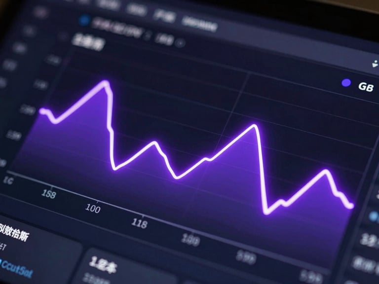 Extreme close-up of a dark-mode analytics dashboard interface, glowing neon violet line graphs, crisp monospace typography, sharp luminescent edge lighting, high-contrast UI details.