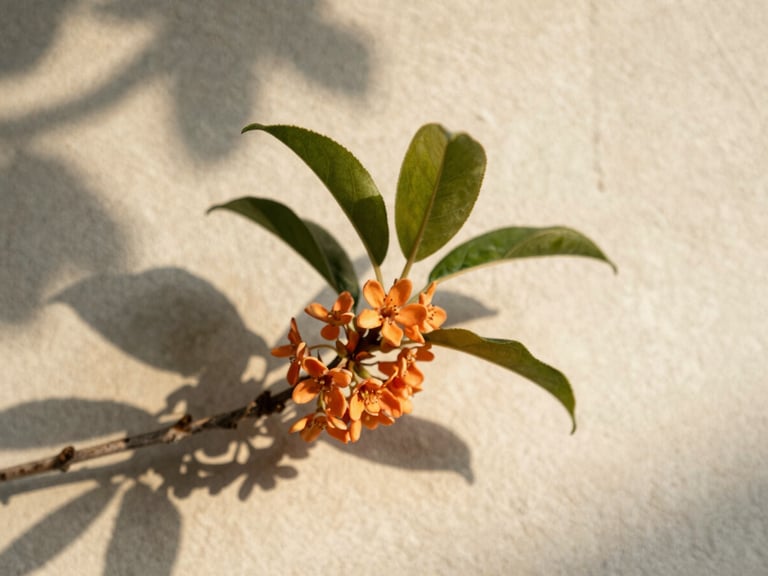 Close-up of delicate orange blossoms with green leaves, illuminated by soft morning light, on a textured clay surface, casting subtle shadows.