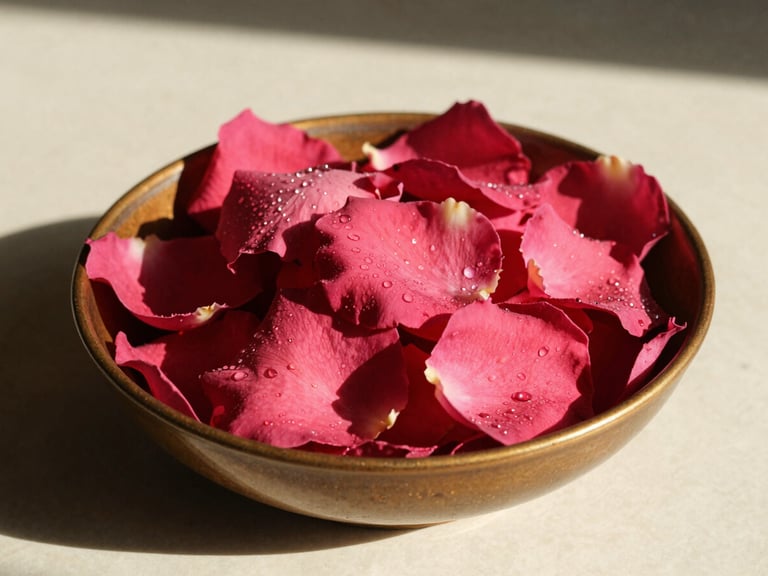 Close-up of fresh, dew-kissed Moroccan rose petals in a bronze-accented ceramic bowl, warm afternoon sunlight, sharp architectural shadows.