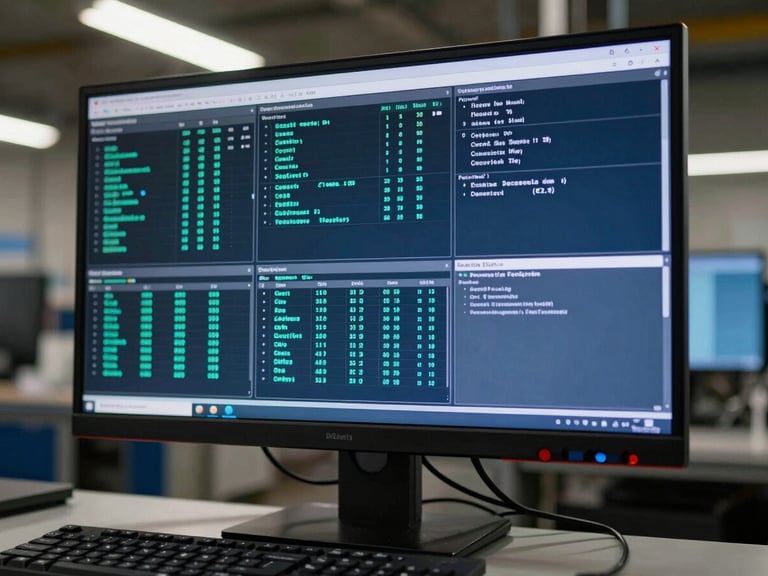 Close-up overhead shot of a factory workstation monitor displaying a multi-panel dashboard with module status indicators in cyan and navy, keyboard and mouse at the lower edge, industrial ambient lighting from above, no people in frame, data clearly legible on screen