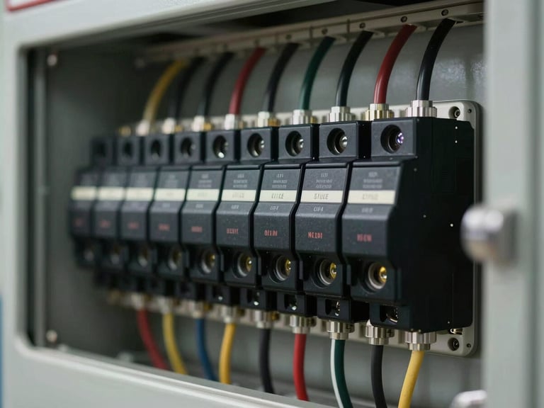 Detalhe macro de um quadro de distribuição elétrica industrial impecável, fiação perfeitamente organizada em canaletas pretas, disjuntores com marcações técnicas precisas, iluminação fria e focada.