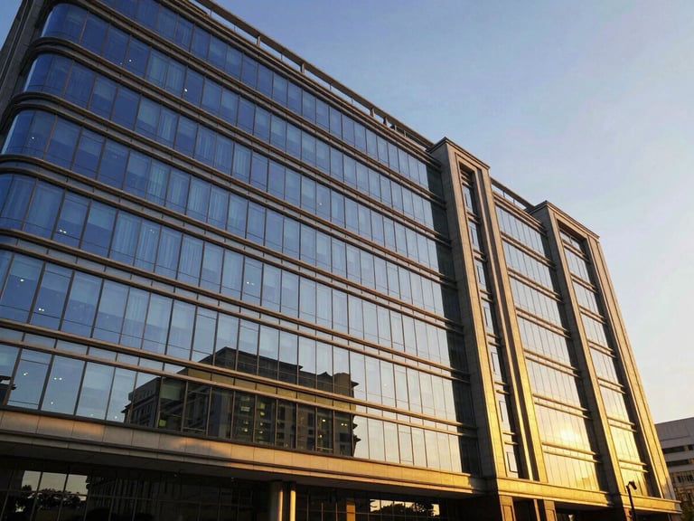 Sleek commercial office building exterior with glass facade reflecting golden-hour sunlight, wide-angle architectural shot, rich royal blue and gold accents