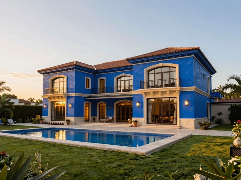 Luxurious villa exterior with manicured garden and swimming pool, golden-hour sunlight, wide-angle architectural shot, rich royal blue and gold accents