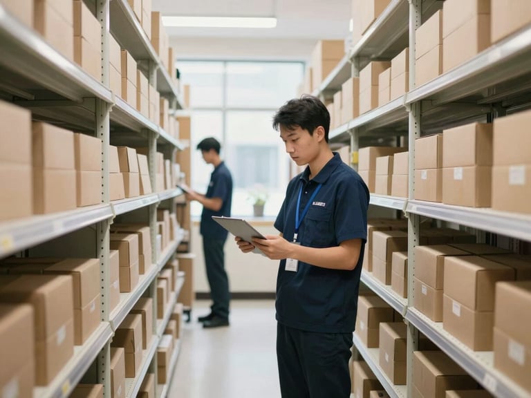Professional team member scanning inventory in a well-lit, organized retail stockroom, crisp corporate lighting