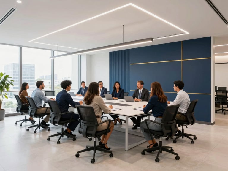 Professional photograph of a modern, well-lit corporate office interior in Santo Domingo, showing a diverse team collaborating around a large table, crisp corporate lighting, sharp focus.