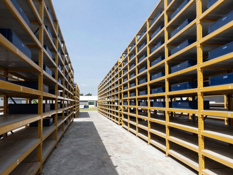 Architectural shot of a modern logistics hub in Santo Domingo, showing clear pathways and organized shelving, bright natural daylight, clean navy and gold accents, professional corporate photography.