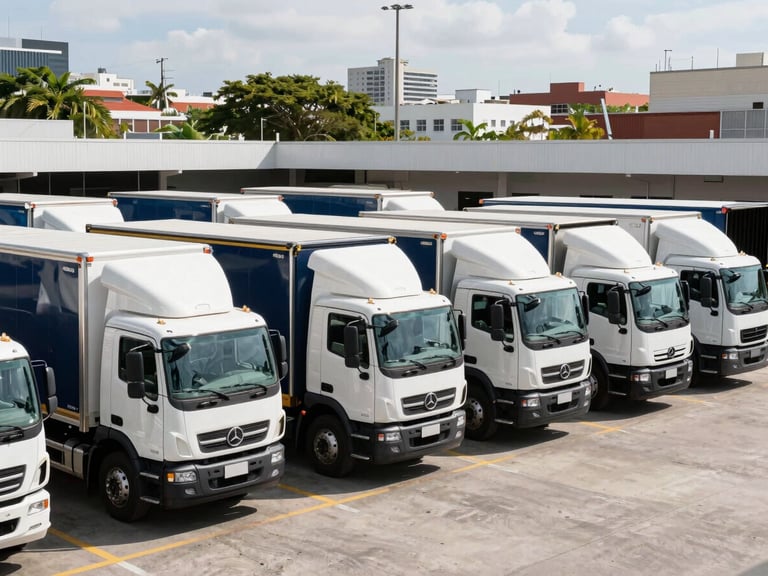 Clean delivery truck fleet parked in an organized logistics yard under bright daylight, Santo Domingo urban background