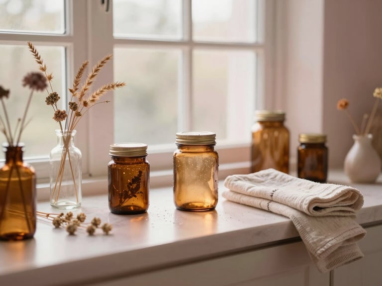 A serene, sun-drenched Pembroke Park studio counter with dried botanicals, clean amber jars, and soft linen towels, warm side-lighting.