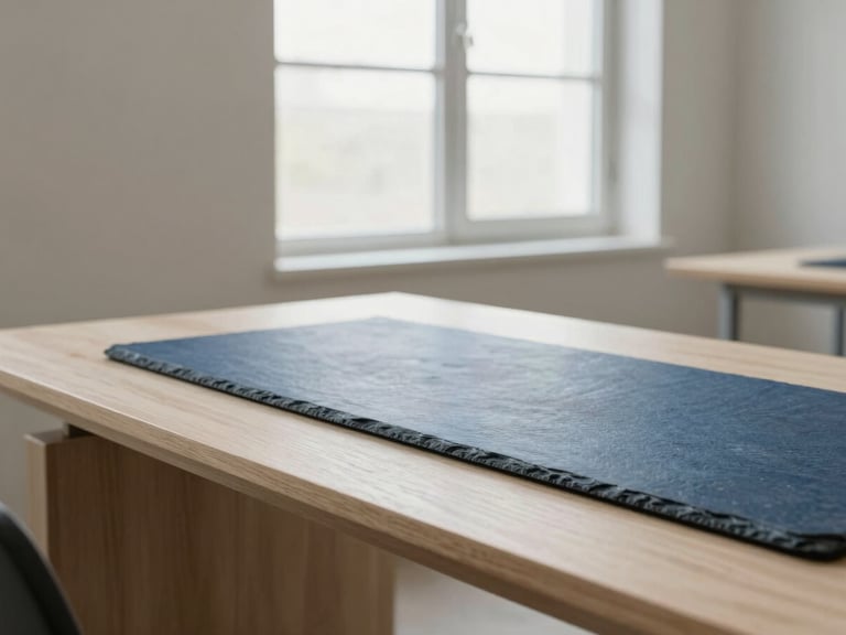 Architectural wide crop of a minimalist design studio workspace in Layton, clean wooden desk, slate blue accents, soft natural morning light