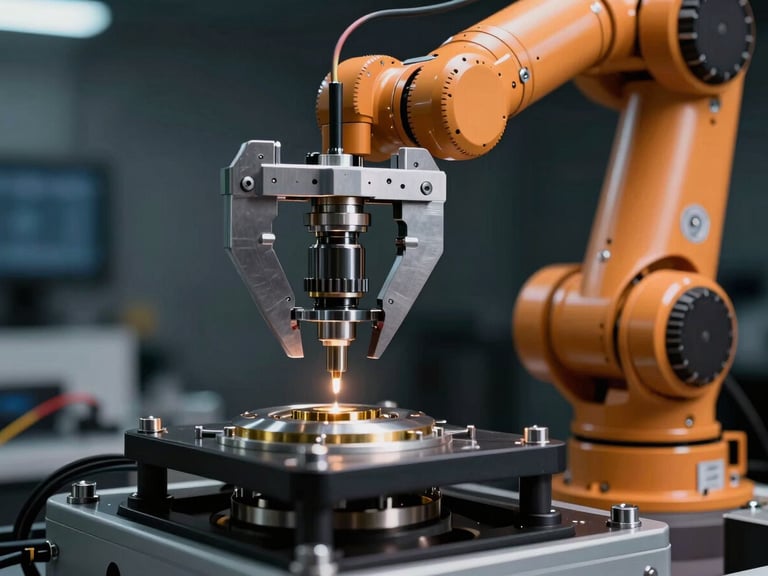 Macro close-up of a robotic arm calibrating a high-precision sensor in a dark laboratory, sharp safety orange wiring visible, high-contrast directional lighting