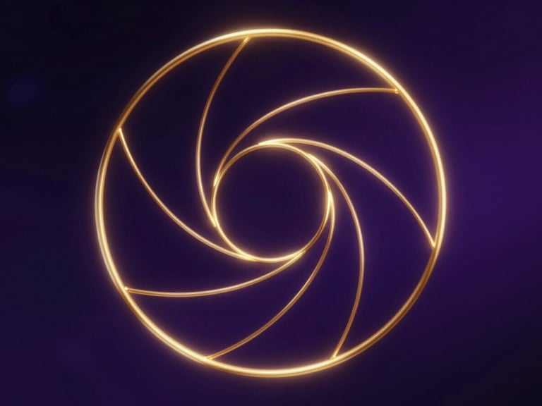 Macro shot of a golden ratio spiral, glowing gold geometric lines over a deep indigo and royal purple background, moody high-contrast chiaroscuro lighting, mystical 3d render