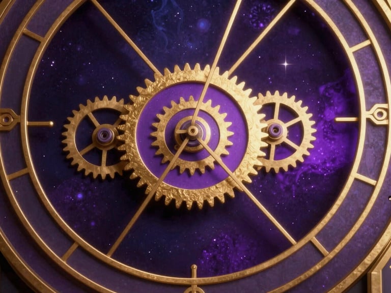 Macro shot of a golden astronomical clock mechanism, glowing purple and gold gears, dark cosmic background, high-contrast chiaroscuro