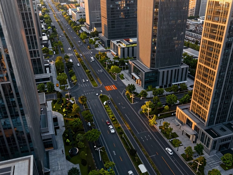 An aerial panoramic perspective of a modern smart city transit corridor integrated with lush green belts, high-contrast golden hour lighting, clean architectural lines.