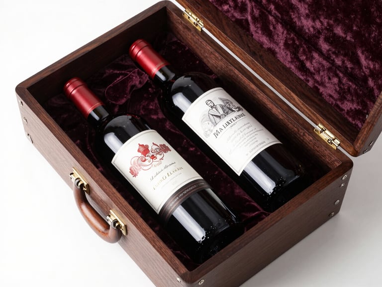 Overhead flat-lay of a premium executive wine gift case, dark polished wood, two bottles of red wine with labels visible, padded velvet interior, white studio background, sharp daylight-balanced lighting
