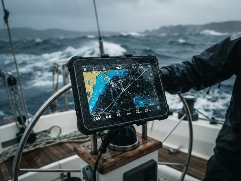 Macro shot of a rugged Android tablet displaying high-contrast marine telemetry and sea charts, mounted on a sailboat cockpit, stormy overcast coastal light, 35mm