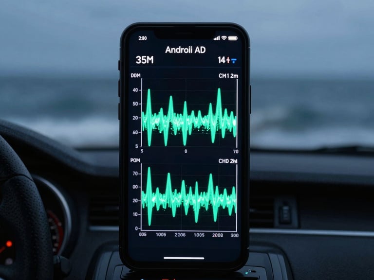High-contrast screen of an Android phone displaying real-time barometric pressure graphs and tidal telemetry, glowing with bioluminescent seafoam green in a dark cabin.