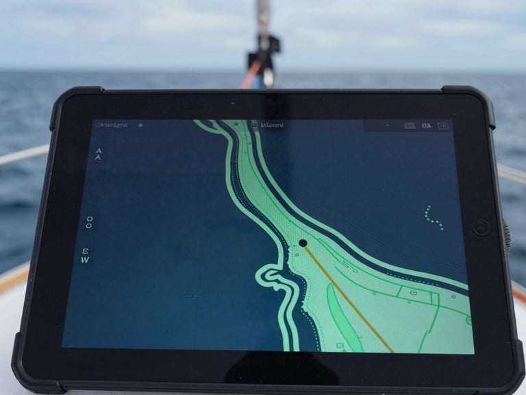 Macro close-up of a rugged Android tablet screen showing a high-contrast marine navigation chart with seafoam green vector lines, mounted on a sailboat cockpit under overcast daylight.