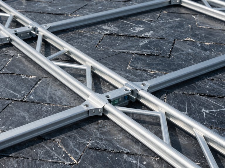Geometric close-up of heavy aluminum truss joints being secured in an exhibition pavilion, industrial slate background, sharp focus.
