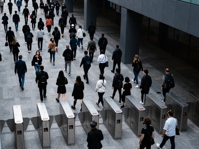 High-angle shot of organized crowd flow passing through modern digital turnstiles, cool daylight, precise architectural alignment.