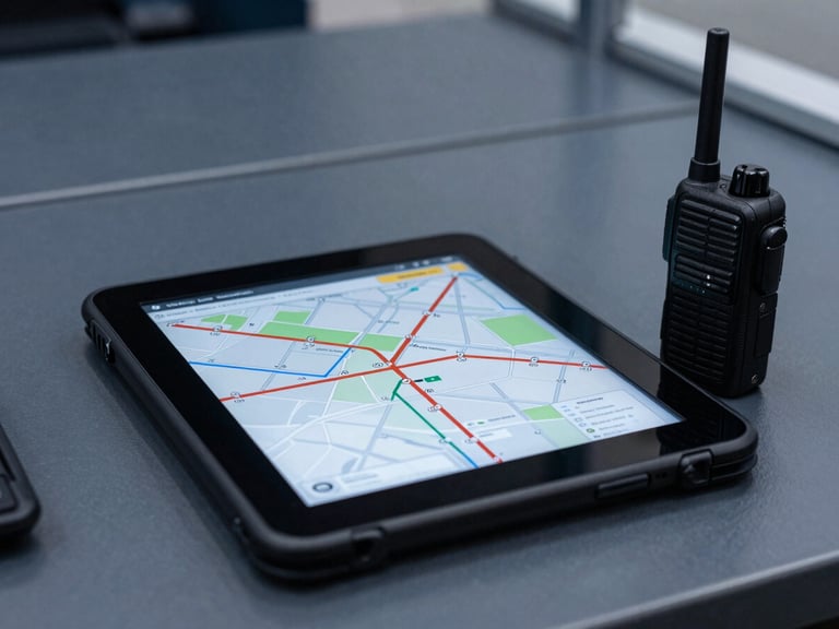 Close-up of a technical site map showing evacuation routes on a digital tablet, tactical communication radio beside it, cool lighting.