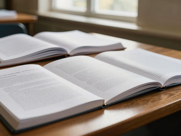 Close-up of academic texts and notebooks on a polished wooden desk in a sunlit library, shallow depth of field, warm academic photography.