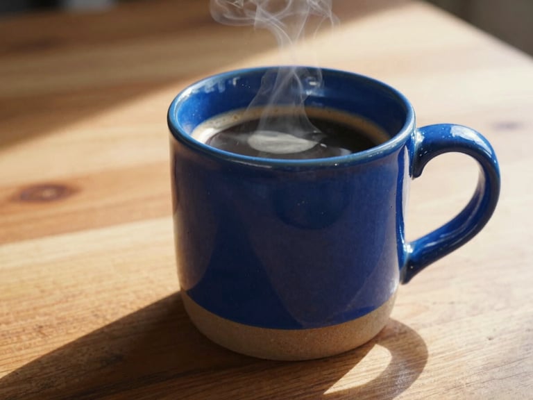 Close-up of a cobalt blue, heavy-bottomed stoneware mug with a tactile thumb-rest, filled with steaming coffee, on a wooden table in morning sunlight.