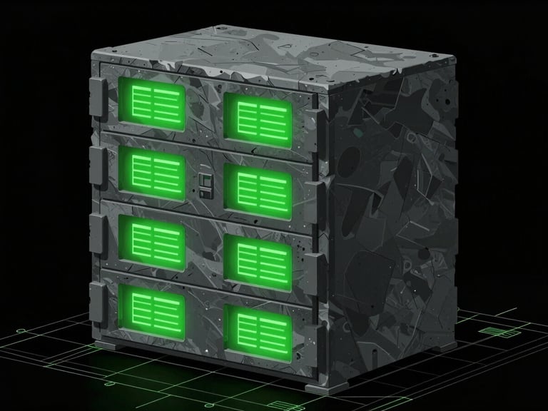 High-contrast illustration of a secure, sealed data archive, brutalist architecture, slate and green tones, schematic blueprint, dark background.