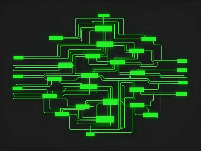 Abstract vector graphic depicting non-linear data flow, high contrast, terminal green glow, schematic style, dark background.