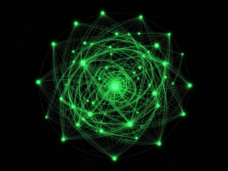 Orbital view of a complex planetary network schematic, stark lines, deep void background, glowing green nodes, dark background.
