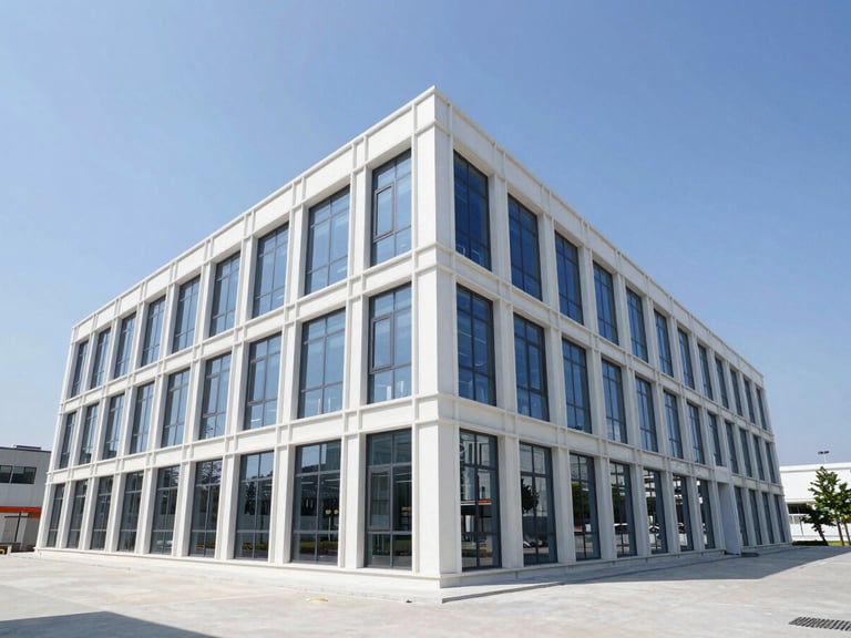 Wide-angle architectural photograph of a modern commercial office build-out, clean steel framing, bright daylight streaming through large windows, sharp focus.