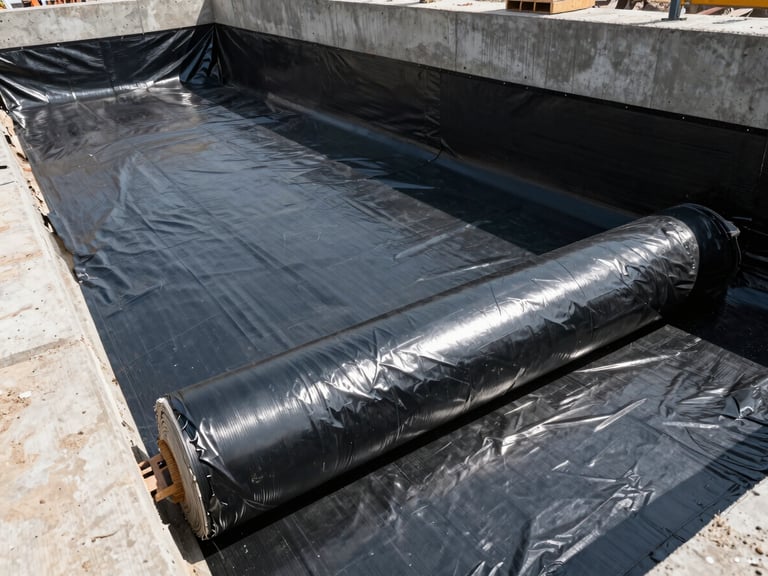 Low-angle wide shot of a deep foundation excavation site, thick black waterproofing membrane being rolled onto concrete walls under harsh daylight