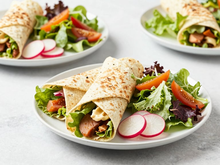 High-key overhead shot of corporate lunch platters, fresh wraps, colorful salads, crisp radish accents, daylight