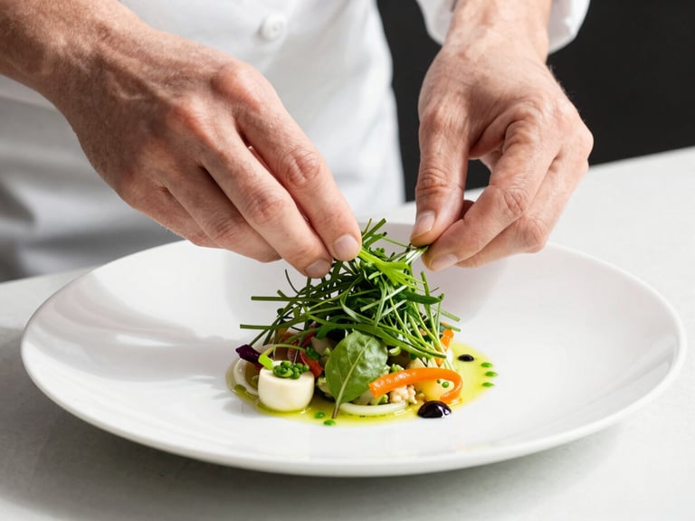 Close-up of a chef prepping fresh herbs over a beautifully plated modern dish, bright daylight, shallow depth of field