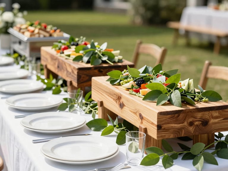 Bright natural daylight photo of an outdoor wedding buffet setup, rustic wood accents, fresh greens, elegant plates