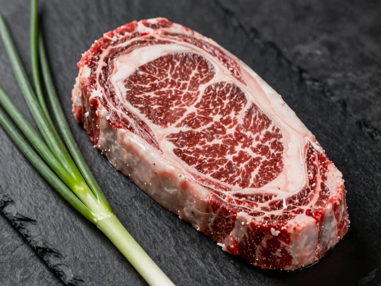 Close-up of raw, beautifully marbled ribeye steak and vibrant fresh scallions arranged on a dark slate board, dramatic overhead lighting.
