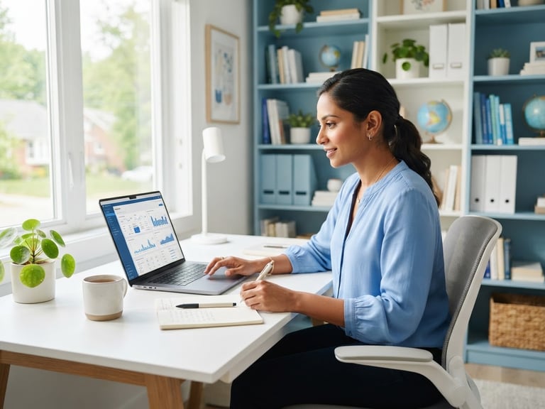 Bright editorial photography of a professional Indian adult studying with a laptop in a modern, sunlit home office, clean blue and white tones, optimistic academic focus, 35mm lens