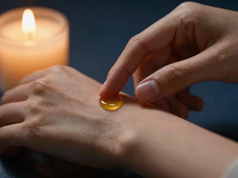 Close-up of a hand gently testing a warm droplet of golden oil on the wrist, soft candlelight, warm skin tones, dark shadows.