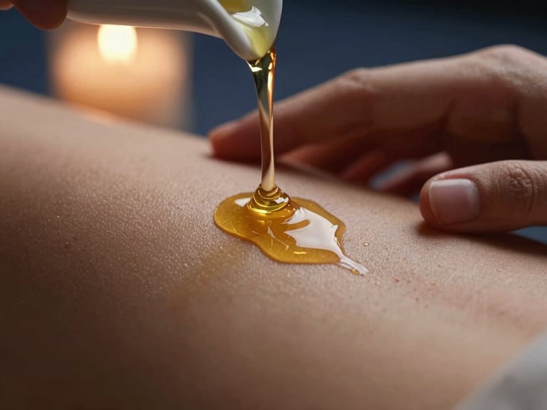 Macro editorial photo of warm oil pouring from a ceramic lip onto skin, glistening texture, soft hand contact, low-key lighting.