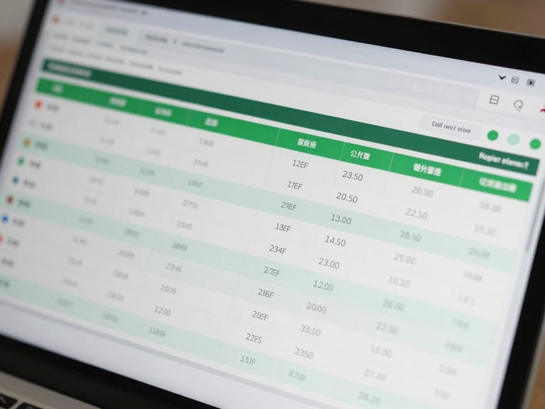 Close-up of a clean digital interface showing a financial dashboard with green status markers and organized data tables, bright daylight