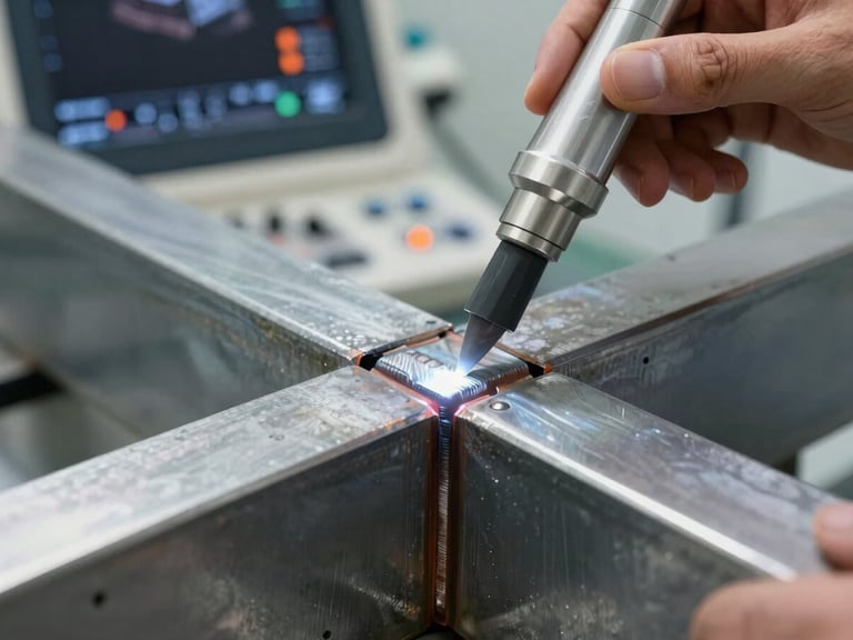Extreme close-up of a technical ultrasound probe scanning a thick steel weld seam, crisp orange indicators on the screen, industrial setting, high contrast daylight.