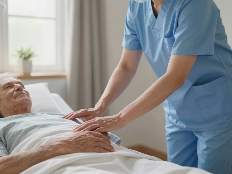 Soft natural indoor daylight illuminating a quiet home bedroom, a professional attendant in clean scrubs gently assisting an elderly patient sitting up in bed, focusing on supportive hands.